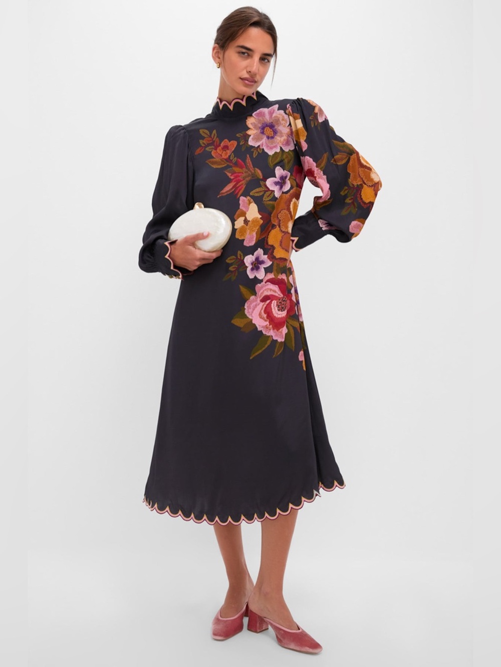 Farm Rio: Black Chenille Flowers Midi Dress